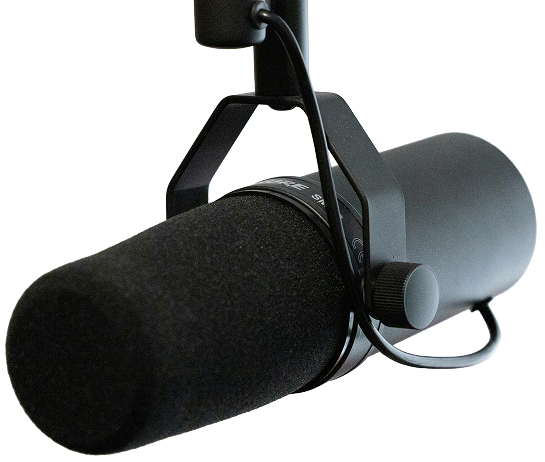 Professional podcast microphone in a recording studio